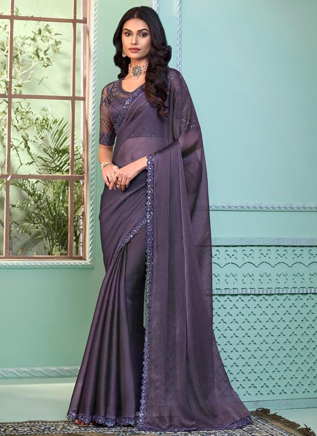 Georgette Purple Party Wear Embroidery Work Saree